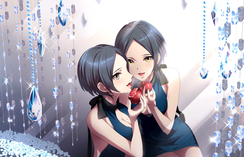 1girl artist_request black_hair breasts cleavage food fruit hayami_kanade highres idolmaster idolmaster_cinderella_girls idolmaster_cinderella_girls_starlight_stage jpeg_artifacts mirror official_art pomegranate reflection short_hair solo yellow_eyes