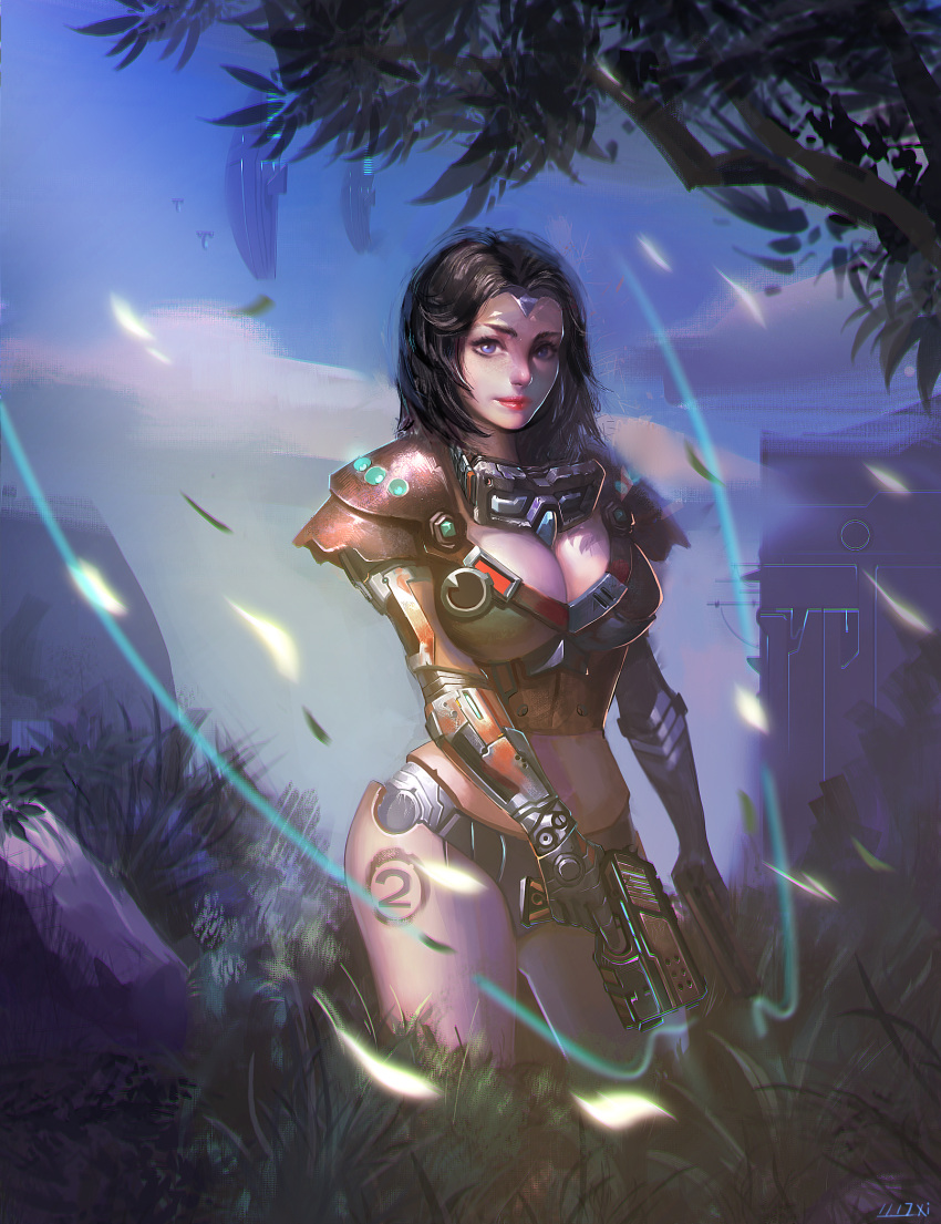 1girl black_hair blue_eyes blue_sky breasts cleavage cowboy_shot cyborg dual_wielding eyebrows gloves goggles goggles_around_neck grass gun handgun highres large_breasts lips looking_at_viewer maomao nose original outdoors pistol science_fiction sky solo spaulders tree_branch weapon