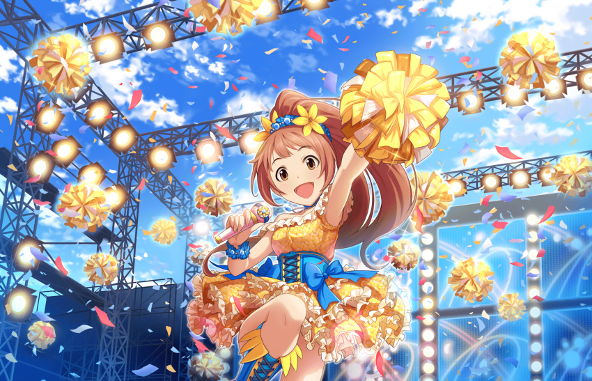1girl artist_request brown_hair flower hair_flower hair_ornament highres idolmaster idolmaster_cinderella_girls idolmaster_cinderella_girls_starlight_stage jewelry necklace official_art pom_poms ponytail smile solo wakabayashi_tomoka yellow_eyes