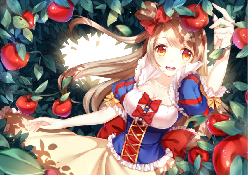 1girl :d apple bangs blush bow breasts brown_hair bustier cleavage cross-laced_clothes eyebrows eyebrows_visible_through_hair food frills fruit hair_bow kan_(rainconan) lace long_hair love_live!_school_idol_project minami_kotori open_mouth puffy_short_sleeves puffy_sleeves red_bow short_sleeves side_ponytail smile snow_white_(cosplay) snow_white_and_the_seven_dwarfs solo swept_bangs teeth upper_body yellow_bow yellow_eyes