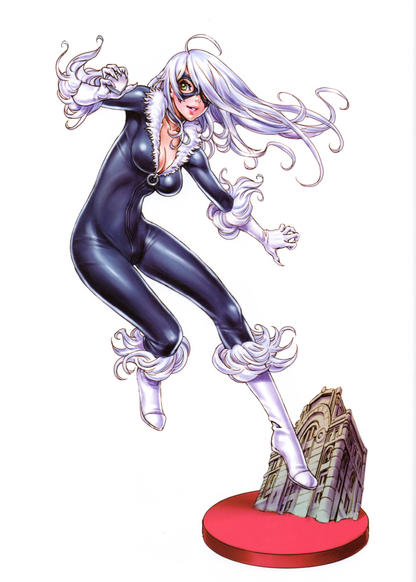 1girl absurdres ahoge black_cat_(marvel) blue_eyes bodysuit boots breasts building choker cleavage elbow_gloves felicia_hardy fur_trim gloves hair_over_one_eye highres jumping knee_boots lipstick long_hair makeup marvel mask outstretched_arms shiny shiny_clothes simple_background skin_tight smile solo spider-man_(series) spread_arms wavy_hair white_hair yamashita_shun'ya zipper