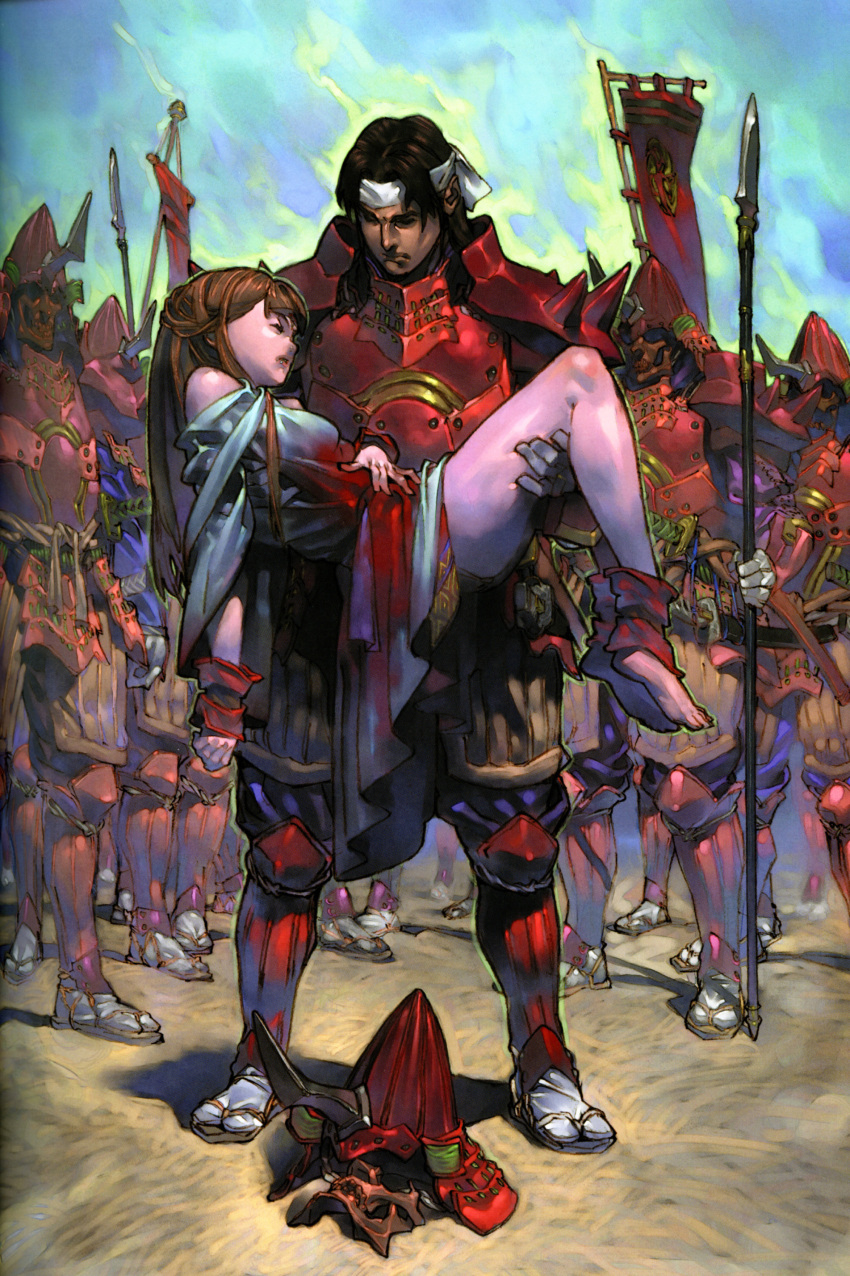 1girl absurdres armor bangs barefoot blood bloody_clothes breastplate breasts brown_hair carrying character_request closed_eyes flag headband headwear_removed helmet helmet_removed highres injury japanese_armor japanese_clothes kabuto kusazuri long_hair looking_at_another multiple_boys official_art outdoors parted_bangs polearm princess_carry samurai scan shiho_(valkyrie_profile) short_hair sky spaulders spear standing suneate tabi valkyrie_profile weapon yoshinari_kou yoshinari_you