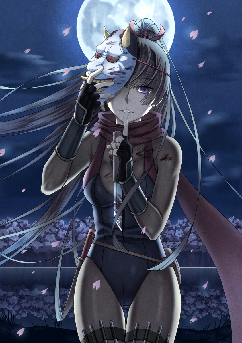 1girl black_hair blood bloody_clothes bodysuit cherry_blossoms cowboy_shot finger_to_mouth fingerless_gloves full_moon gloves highres hoshiyoruno knife long_hair mask moon night ninja original ponytail pouch red_scarf scarf shushing sky solo thigh_gap thigh_strap very_long_hair violet_eyes wind