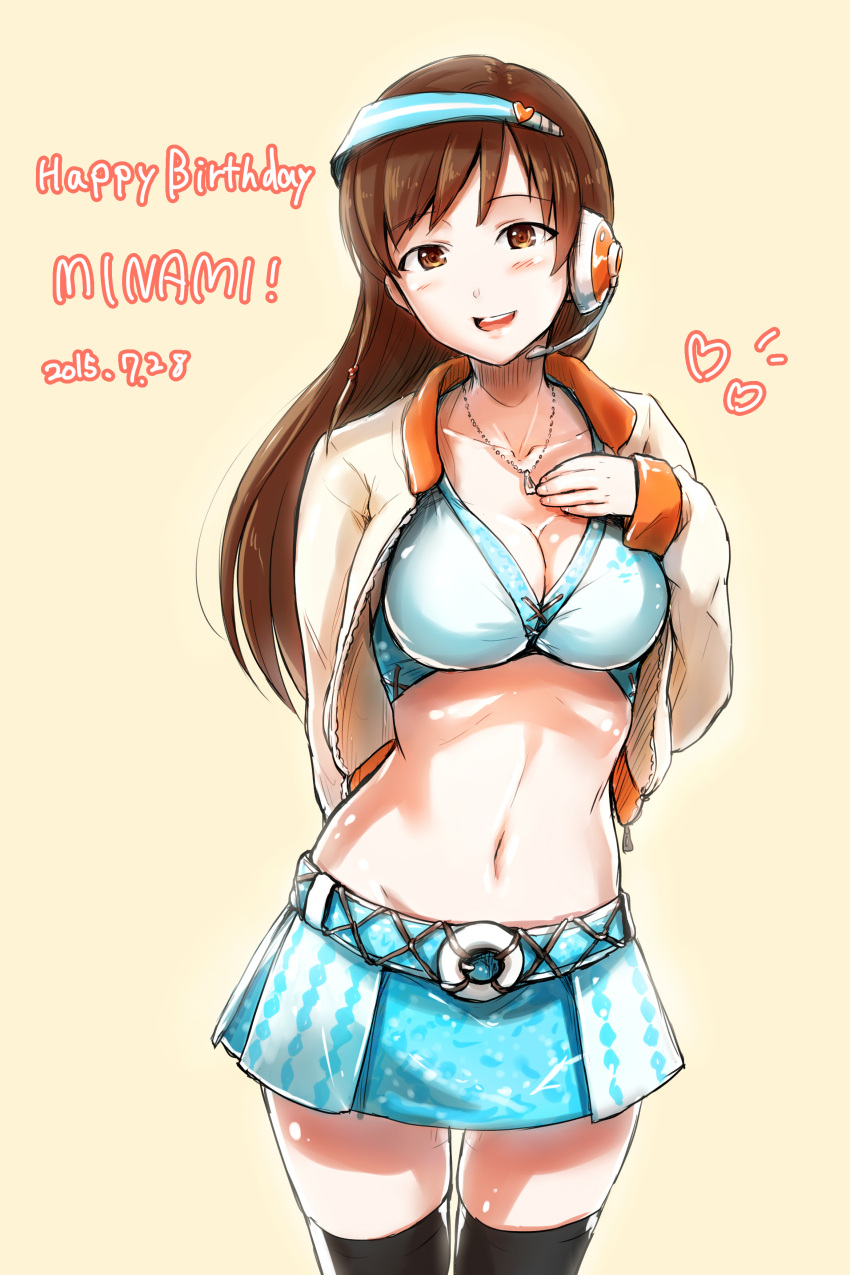 1girl absurdres blush breasts brown_eyes brown_hair cleavage eri_(resia) happy_birthday headset highres idolmaster idolmaster_cinderella_girls jewelry long_hair looking_at_viewer midriff necklace nitta_minami open_mouth smile solo thigh-highs visor_cap