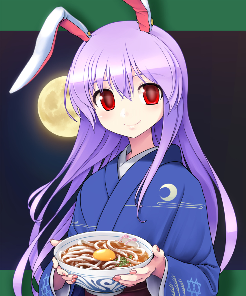 1girl animal_ears bangs bowl closed_mouth crescent ear_piercing ebizome egg eyebrows eyebrows_visible_through_hair food full_moon highres holding holding_bowl japanese_clothes kimono long_hair looking_at_viewer moon nail_polish night night_sky noodles piercing pun purple_hair rabbit_ears red_eyes reisen_udongein_inaba sky smile solo touhou