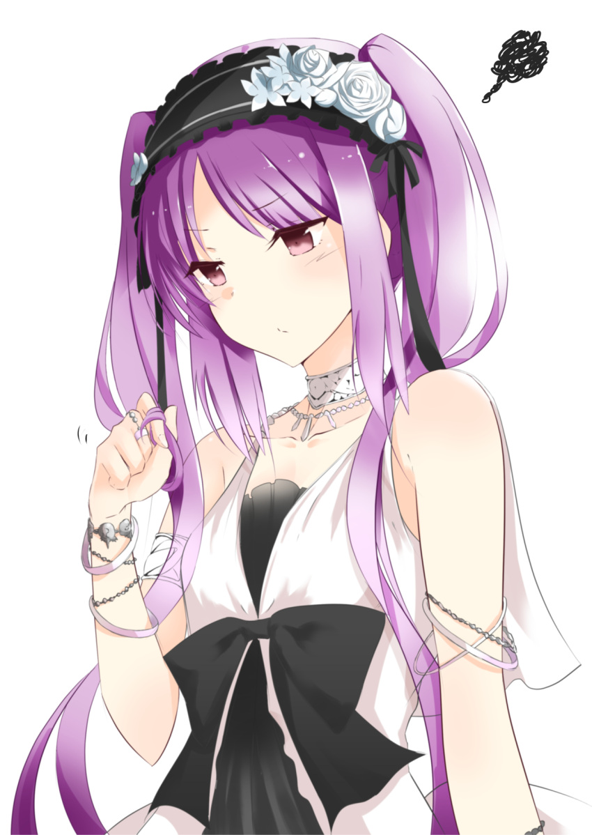 blush dress euryale fate/grand_order fate/hollow_ataraxia fate_(series) headdress highres long_hair playing_with_own_hair purple_hair solo twintails very_long_hair violet_eyes white_dress