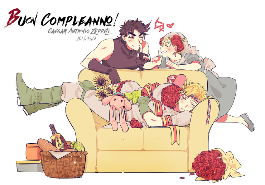 1girl 2boys black_hair blonde_hair bouquet caesar_anthonio_zeppeli couch dated flower happy_birthday jojo_no_kimyou_na_bouken joseph_joestar_(young) mapi_(mup1228) multiple_boys sleeping stuffed_animal stuffed_bunny stuffed_toy suzi_quatro