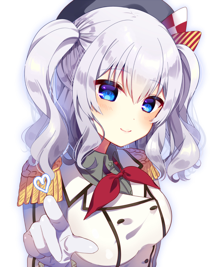 1girl blue_eyes breasts gloves hair_ornament highres kantai_collection kashima_(kantai_collection) large_breasts mafuyu_(chibi21) military military_uniform silver_hair smile twintails uniform upper_body wavy_hair