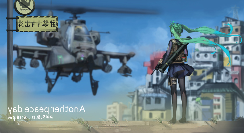 1girl absurdres ah-64_apache aqua_hair black_legwear blurry building depth_of_field from_behind gun hatsune_miku headset helicopter highres holster long_hair military outdoors pantyhose road_sign sign sk_tori skirt sky solo tagme thigh_holster twintails very_long_hair vocaloid weapon wind