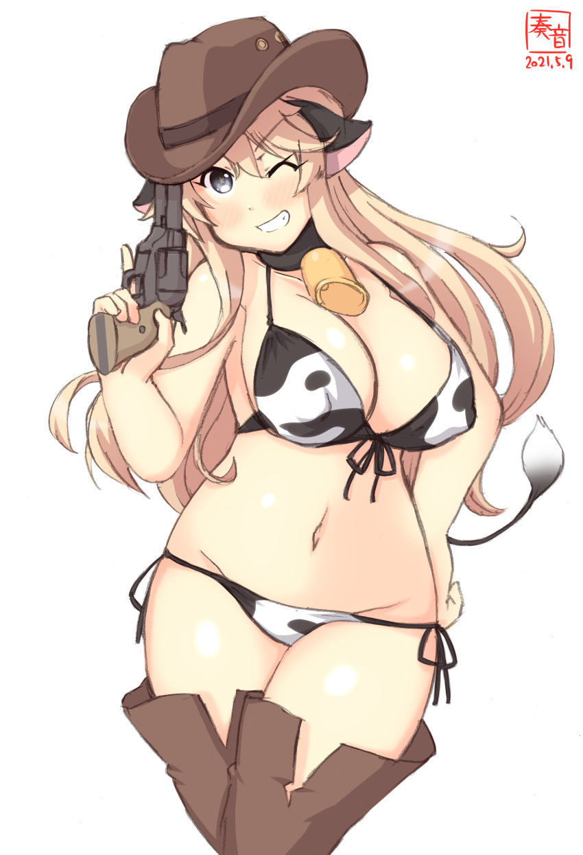 1girl absurdres alternate_costume animal_ears animal_print artist_logo bell bikini blonde_hair blue_eyes breasts brown_headwear commentary_request covered_nipples cow_ears cow_print cow_tail cowbell cowboy_hat cowboy_shot dated front-tie_top grin gun handgun hat highres iowa_(kancolle) kanon_(kurogane_knights) kantai_collection large_breasts lowleg lowleg_bikini one-hour_drawing_challenge pistol side-tie_bikini simple_background smile solo swimsuit tail thigh-highs weapon white_background white_bikini white_legwear