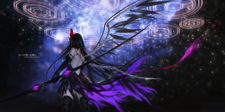 1girl akemi_homura akuma_homura argyle argyle_legwear artist_name back bare_back bare_shoulders black_dress black_gloves black_hair black_legwear bow dress elbow_gloves feathered_wings from_behind from_below gem gloves hair_bow highres holding_weapon long_hair magic_circle mahou_shoujo_madoka_magica mahou_shoujo_madoka_magica_movie pink_ribbon red_bow ribbon sketch sleeveless sleeveless_dress solo spoilers swd3e2 text thigh-highs very_long_hair weapon wings