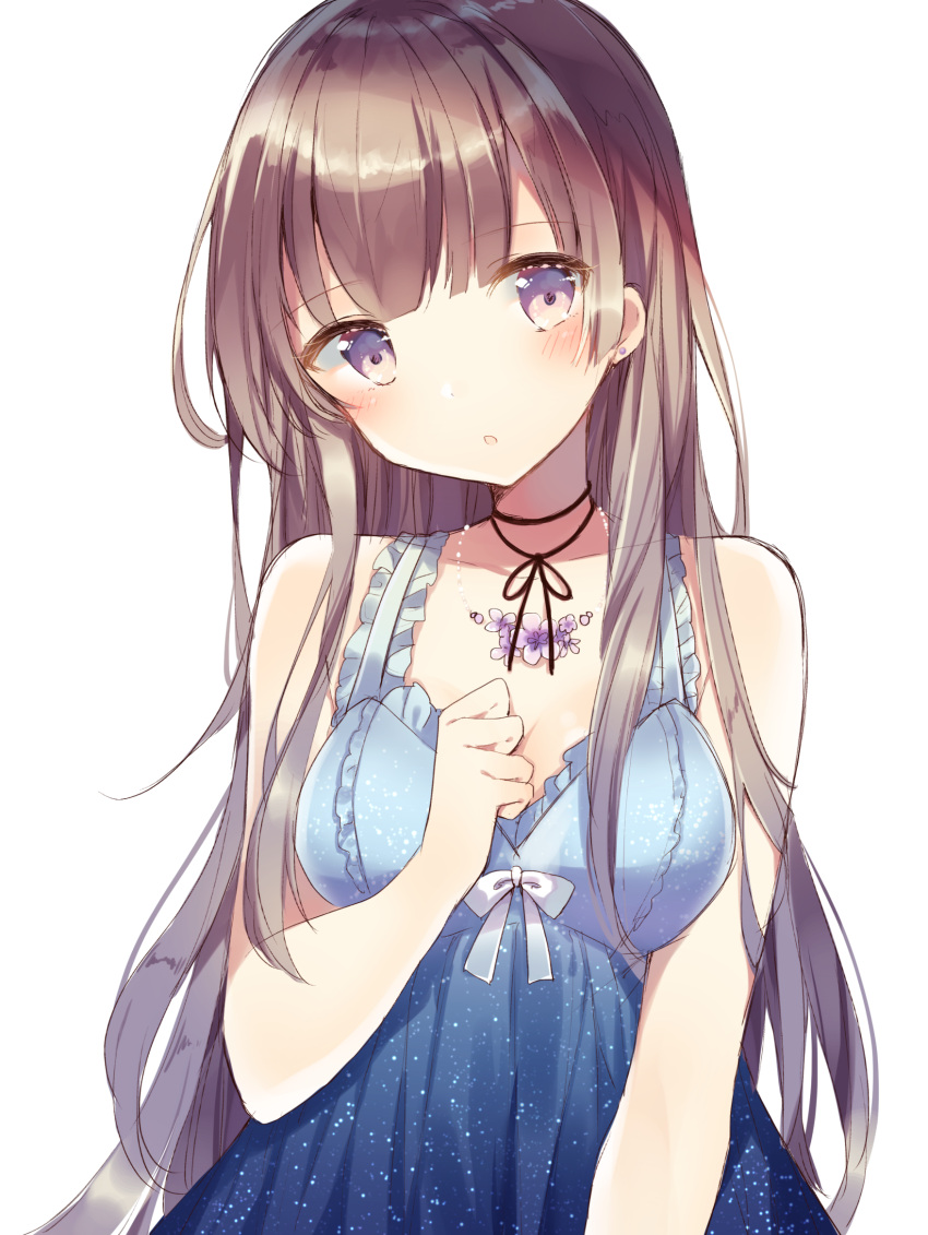 1girl :o bangs black_ribbon blue_dress blush brown_hair dress eyebrows_visible_through_hair frills hand_on_own_chest highres jewelry long_hair looking_at_viewer neck_ribbon necklace original parted_lips ribbon shiino_sera_(gelatin) shiny shiny_hair simple_background solo spaghetti_strap upper_body violet_eyes white_background