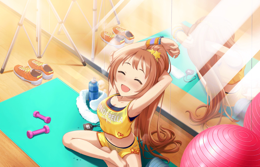 1girl :d ^_^ armpits arms_behind_head barefoot blush bottle breasts cleavage closed_eyes clothes_writing crop_top crop_top_overhang dripping full-face_blush idolmaster idolmaster_cinderella_girls idolmaster_cinderella_girls_starlight_stage indian_style long_hair midriff navel official_art open_mouth orange_hair ponytail see-through shorts sitting smile solo star stopwatch stretch sweat sweat_stain sweating towel very_long_hair wakabayashi_tomoka watch water_bottle wet wet_clothes wristband