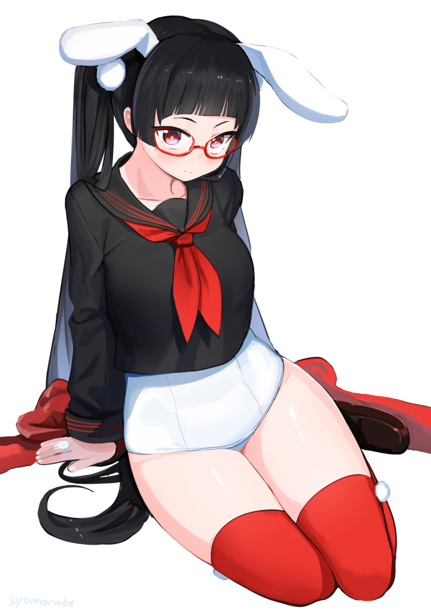 1girl absurdres animal_ears bangs black_hair blunt_bangs blush borrowed_character glasses hair_ornament highres jewelry long_hair looking_at_viewer one-piece_swimsuit original rabbit_ears red-framed_glasses red_eyes red_legwear ring school_swimsuit school_uniform serafuku sitting smile solo swimsuit swimsuit_under_clothes syamo003 symbol-shaped_pupils thigh-highs twintails very_long_hair white_school_swimsuit white_swimsuit yokozuwari