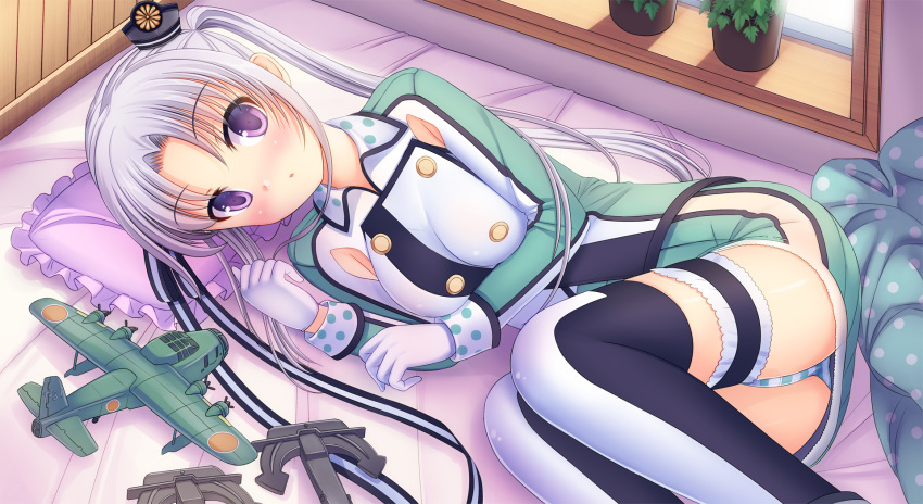 1girl :o akitsushima_(kantai_collection) anklet bed_sheet black_legwear blush buttons collar flower_pot frills gloves green_skirt hat highres horizontal_stripes indoors jewelry kantai_collection long_hair looking_at_viewer lying mini_hat multicolored_legwear on_bed on_side panties pantyshot parted_lips pillow polka_dot propeller shiny shiny_skin silver_hair skirt sleeves_folded_up solo striped striped_panties thigh-highs toy_airplane twintails umitonakai underwear uniform very_long_hair violet_eyes white_gloves white_legwear window