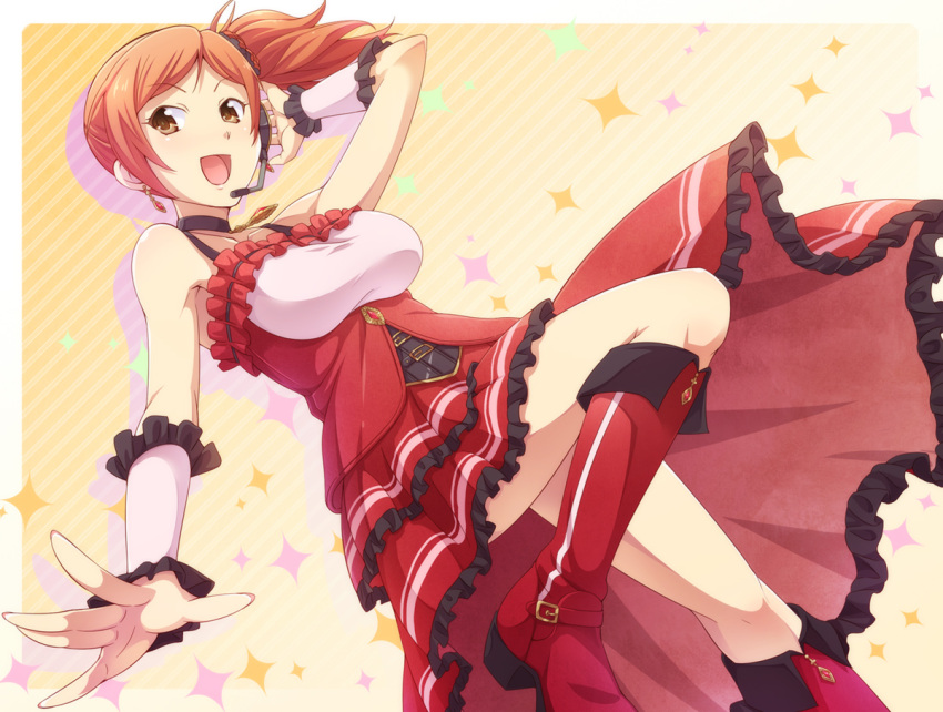 1girl bare_shoulders boots breasts brown_eyes choker dress e20 earrings headset idolmaster idolmaster_cinderella_girls jewelry komatsu_ibuki long_hair microphone necklace open_hand open_mouth orange_hair red_boots scrunchie side_ponytail smile solo sparkle