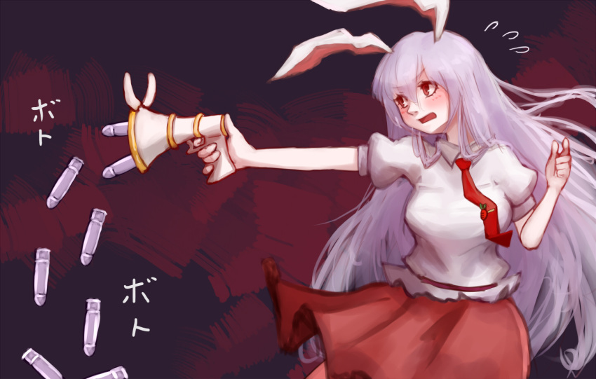 1girl animal_ears firing flying_sweatdrops gun handgun hoshibuchi long_hair lunatic_gun necktie open_mouth puffy_short_sleeves puffy_sleeves purple_hair rabbit_ears red_eyes reisen_udongein_inaba shirt short_sleeves skirt solo touhou very_long_hair weapon you're_doing_it_wrong