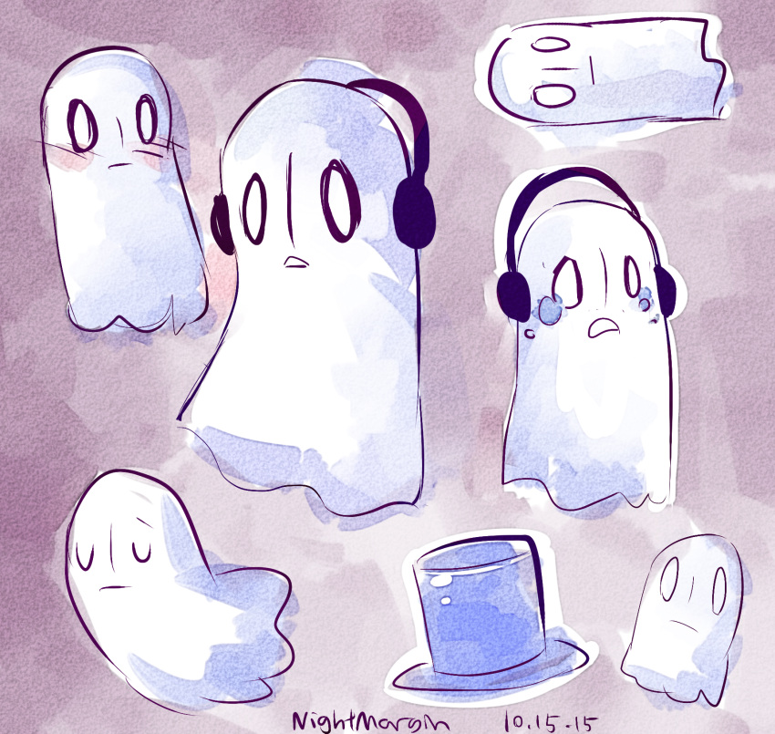 artist_name blush dated ghost hat headphones highres napstablook night_(pixiv) no_humans o_o tears top_hat undertale
