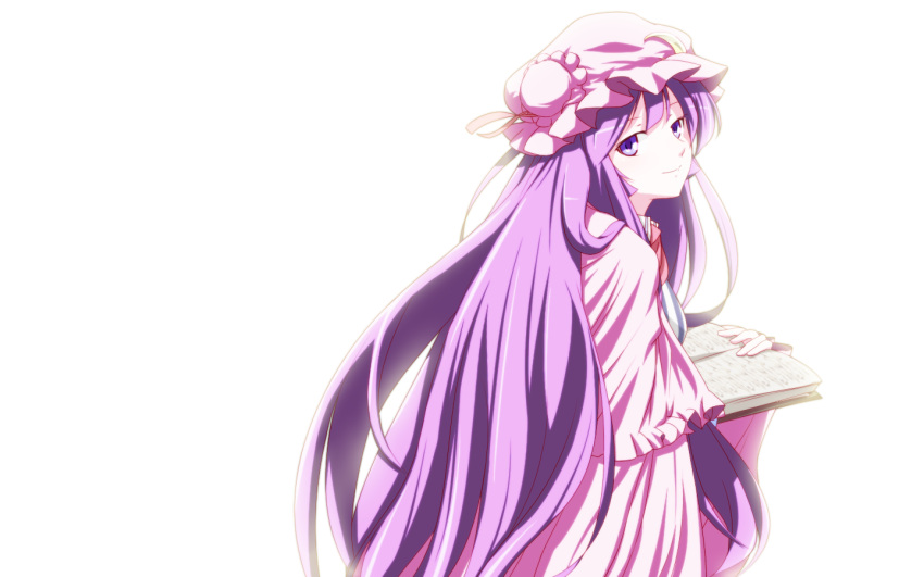 1girl book crescent_hair_ornament hair_ornament hat holding holding_book kugi_(kugi-xiv) long_hair looking_back patchouli_knowledge purple_hair simple_background smile striped touhou very_long_hair violet_eyes white_background