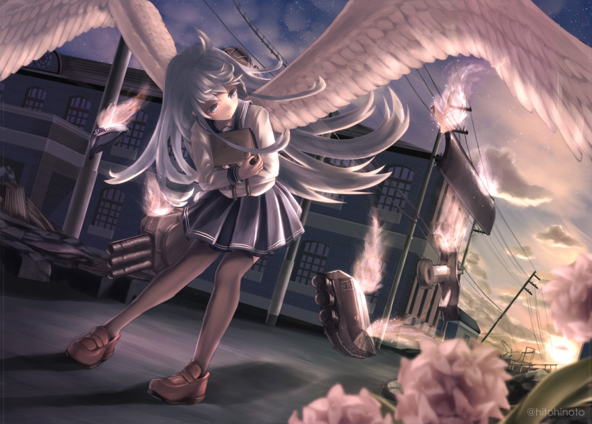 1girl backlighting bangs bent_over black_legwear blue_hair building clouds dutch_angle fire floating_object flower grey_eyes hammer_and_sickle hat hat_removed headwear_removed hibiki_(kantai_collection) hitohinoto holding kantai_collection loafers long_hair long_sleeves looking_back outdoors phoenix_wings pleated_skirt power_lines school_uniform serafuku shoes silver_hair skirt sky solo standing sun thigh-highs transparent_wings twilight utility_pole_(object) verniy_(kantai_collection) weapon wings