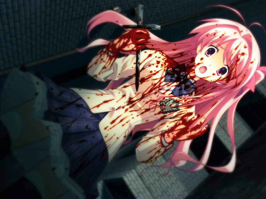 1girl blood blood_on_face bloody_clothes blue_skirt chaos;head highres holding_weapon long_hair open_mouth pink_eyes pink_hair pleated_skirt sakihata_rimi school_uniform skirt solo