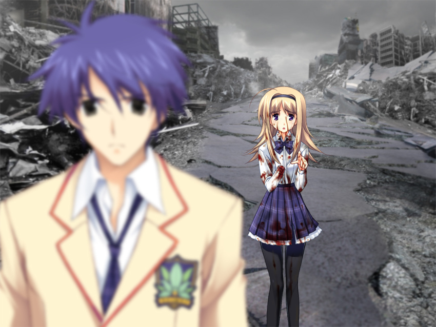 1boy 1girl black_legwear blonde_hair blood blood_on_face bloody_clothes blue_eyes blue_hair blue_skirt chaos;head green_eyes hairband long_hair nishijou_nanami nishijou_takumi outdoors pantyhose pleated_skirt ruins school_uniform skirt tears