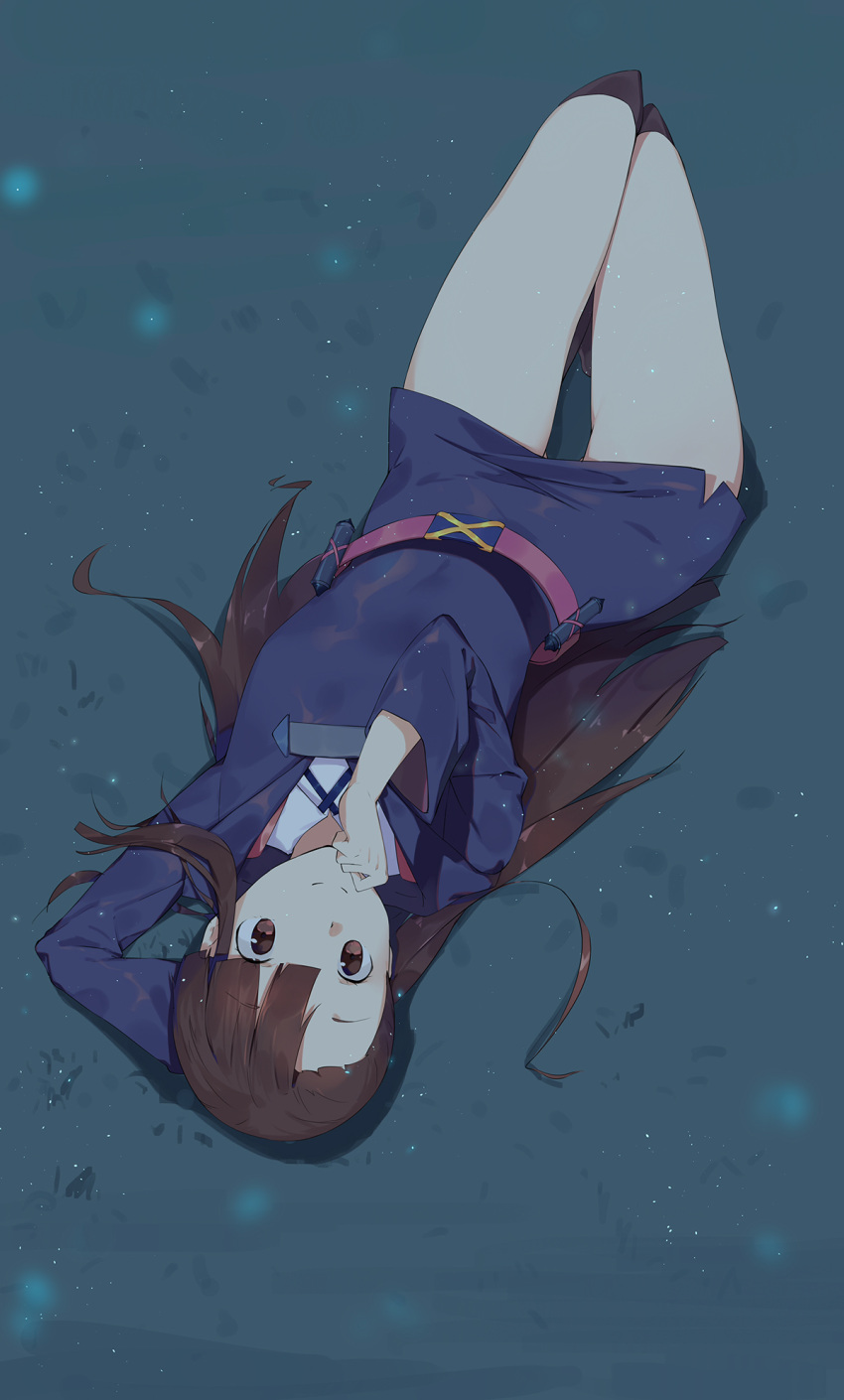 1girl arm_behind_head brown_eyes brown_hair from_above grass hand_on_own_chin highres kagari_atsuko little_witch_academia long_hair looking_at_viewer lying on_back outdoors smile solo thighs wujia_xiaozi