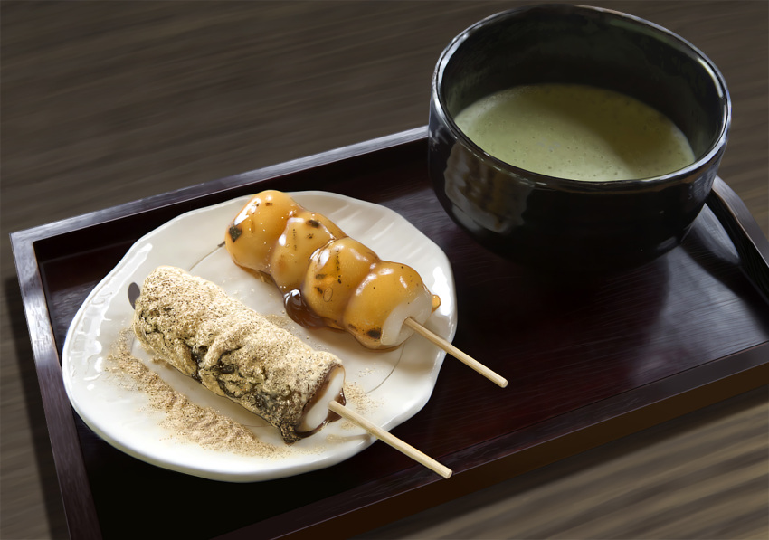 cup dango dumpling food green_tea hokkaido_(artist) no_humans original photorealistic plate realistic tea tray wagashi
