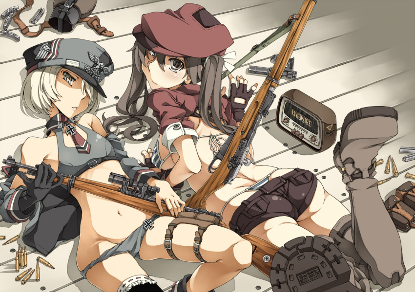 2girls ammunition_pouch ass bikini black_glove blonde_hair bolt_action boots breasts brown_eyes brown_hair bullet cartridge cleavage clip_(weapon) gun hair_ribbon iron_cross kasetsu_03 lying mauser_98 midriff military mosin-nagant multiple_girls on_back on_stomach original ribbon scope short_hair shorts single_glove sling swimsuit thigh-highs thigh_boots thigh_strap thong_bikini twintails weapon whale_tail yellow_eyes