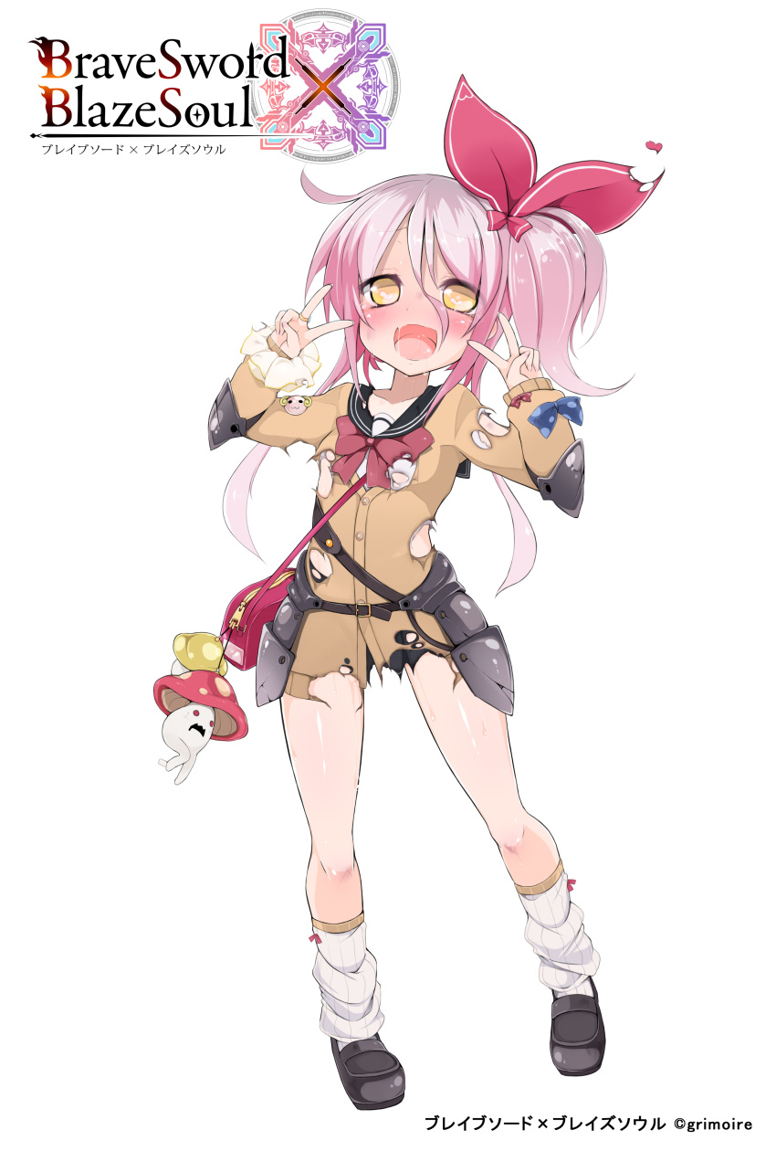 1girl absurdres brave_sword_x_blaze_soul cardigan double_v elbow_pads hair_ribbon highres looking_at_viewer loose_socks matuken1027 mushroom open_mouth pink_hair ribbon short_hair smile socks solo torn_clothes v yellow_eyes