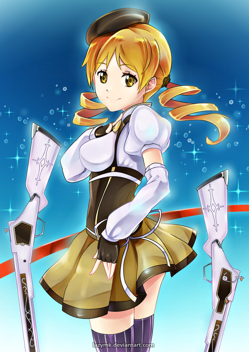 1girl absurdres beret blonde_hair detached_sleeves drill_hair fingerless_gloves gloves gun hat highres magical_musket mahou_shoujo_madoka_magica mk skirt smile solo striped striped_legwear tomoe_mami watermark weapon yellow_eyes