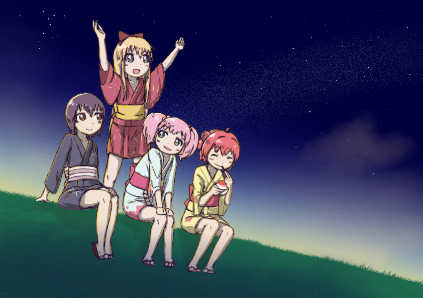 4girls akaza_akari blonde_hair bow brown_eyes double_bun funami_yui hair_ornament highres japanese_clothes kyoyama3 long_hair multiple_girls night night_sky open_mouth pink_hair redhead sky toshinou_kyouko twintails yoshikawa_chinatsu yuru_yuri