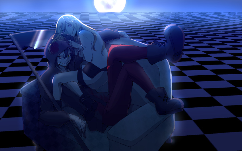 1boy 1girl armchair bag bandage_on_face bandaged_hands bandages black_hair blonde_hair blue_eyes boots chair checkered checkered_floor crossed_legs grin head_rest highres hood knee_boots long_hair long_sleeves looking_at_viewer moon pants ray_(satsuriku_no_tenshi) red_pants satsuriku_no_tenshi scythe shorts sitting sitting_on_person smile striped uru_chimai weapon zack_(satsuriku_no_tenshi)