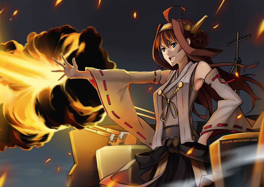 &gt;:d 1girl :d absurdres ahoge blue_eyes brown_hair detached_sleeves embers explosion fire highres kantai_collection kongou_(kantai_collection) looking_away mk nontraditional_miko open_mouth outstretched_arm rigging smile smoke solo turret watermark web_address