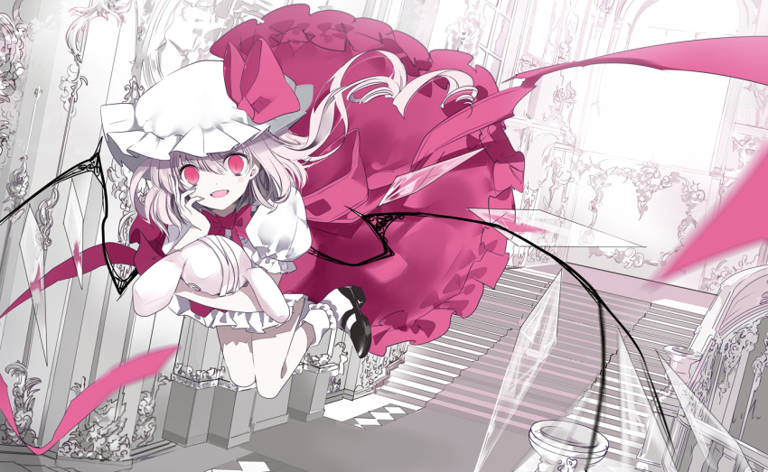 1girl bandages cierra_(ra-bit) dress flandre_scarlet flying hat long_hair looking_at_viewer mob_cap monochrome open_mouth pink_dress pink_eyes puffy_short_sleeves puffy_sleeves shirt short_sleeves side_ponytail smile solo spot_color stairs stuffed_animal stuffed_bunny stuffed_toy touhou wings