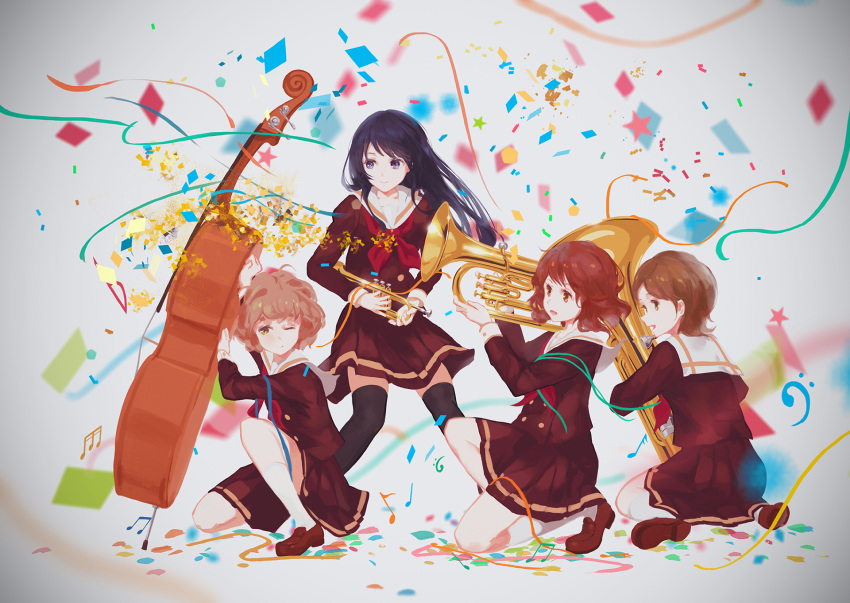 4girls black_hair brown_hair double_bass euphonium hibike!_euphonium highres instrument jq katou_hazuki kawashima_sapphire kousaka_reina long_hair multiple_girls oumae_kumiko school_uniform serafuku short_hair trumpet tuba