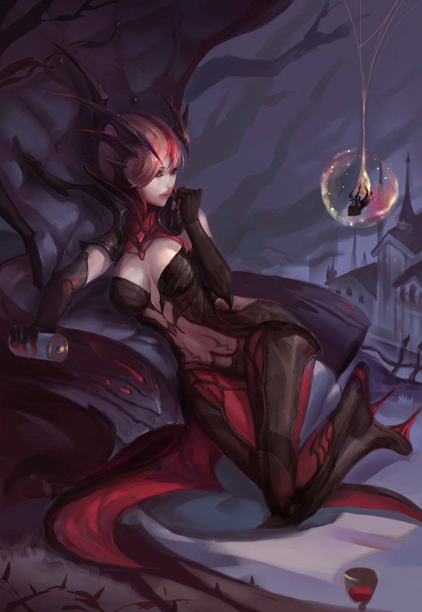 1girl absurdres black_hair breasts cleavage clenched_hand elise_(league_of_legends) full_body gloves highres holding insect_girl large_breasts league_of_legends lips long_hair looking_at_another monster_girl navel nose rabbit_(tukenitian) realistic red_eyes redhead silk sketch solo spider spider_girl spider_web