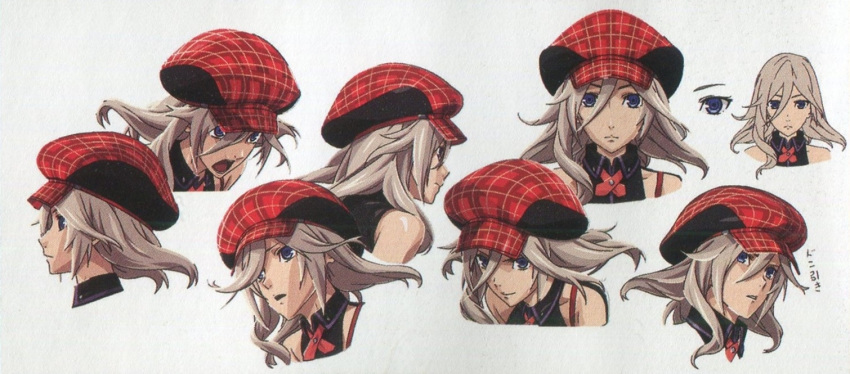 1girl alisa_ilinichina_amiella blue_eyes face god_eater god_eater_burst hat long_hair looking_at_viewer official_art open_mouth silver_hair simple_background solo white_background