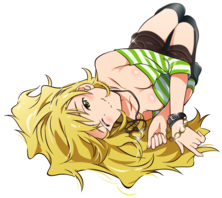 1girl absurdres akizuki_ritchan blonde_hair breasts cleavage green_eyes highres hoshii_miki idolmaster jewelry long_hair lying on_back one_eye_closed pendant simple_background smile solo striped wavy_mouth white_background