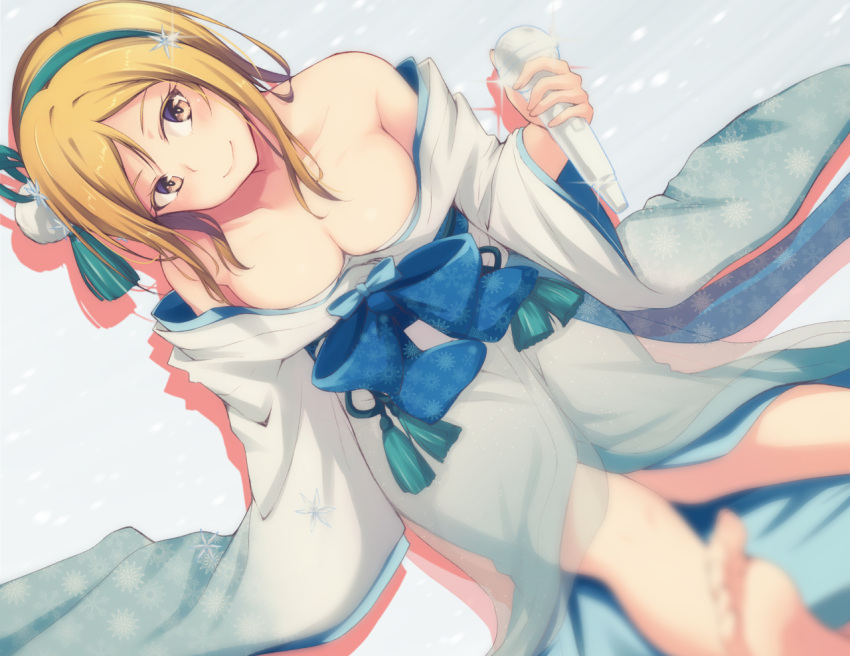 1girl bangs bare_shoulders barefoot blonde_hair blue_bow bow breasts brown_eyes cleavage closed_mouth hair_between_eyes hair_ornament hairband head_tilt holding ice idolmaster idolmaster_million_live! japanese_clothes kimono large_breasts lens_flare long_hair looking_at_viewer loose_clothes momose_rio nanotsuki obi pom_pom_(clothes) print_kimono sash sitting smile snowflake_hair_ornament snowflake_print snowing solo swept_bangs tassel
