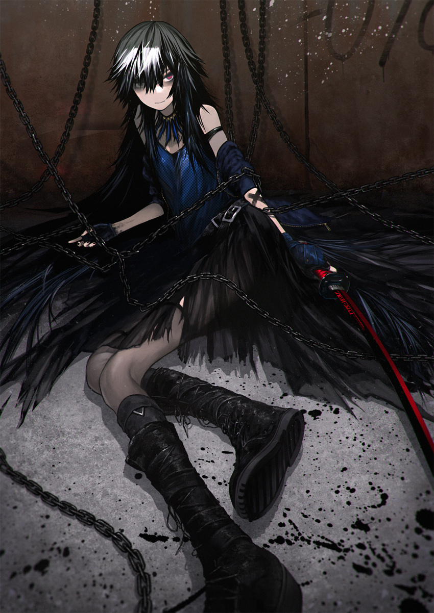 1girl bare_shoulders black_gloves black_hair boots chain chained cross-laced_footwear entangled fingerless_gloves gloves highres katana long_hair looking_at_viewer original red_eyes shirt sitting skirt solo suzki00 sword thigh-highs very_long_hair weapon