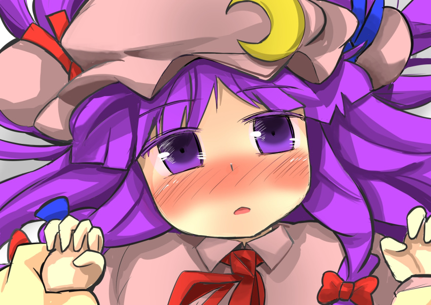 1girl blush bow crescent_hair_ornament gaoo_(frpjx283) hair_bow hair_ornament hat long_hair lying mob_cap open_mouth patchouli_knowledge purple_hair solo touhou violet_eyes