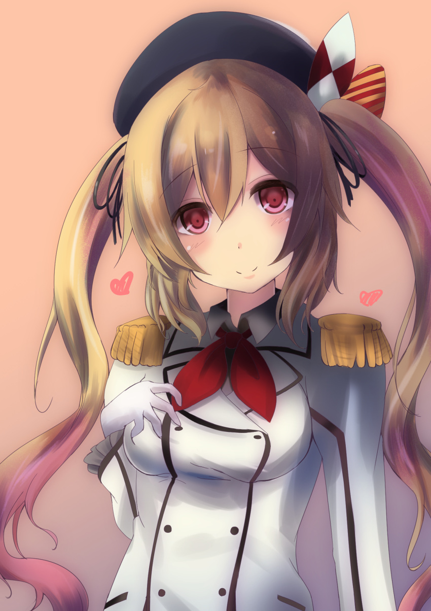 1girl blush bow brown_background brown_hair buttons epaulettes gloves hand_on_own_chest hat hat_bow head_tilt heart highres kantai_collection kashima_(kantai_collection) kashima_(kantai_collection)_(cosplay) murasame_(kantai_collection) purunyara red_eyes simple_background smile solo uniform upper_body white_gloves