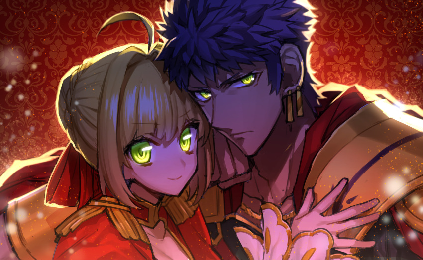 1boy 1girl absurdres ahoge blonde_hair blue_hair caligula_(fate/grand_order) character_request clenched_hand closed_eyes commentary_request dress earrings epaulettes fate/extra fate/grand_order fate_(series) glowing glowing_eyes green_eyes hair_ribbon highres jewelry looking_at_viewer red_dress ribbon routo saber_extra uncle_and_niece upper_body