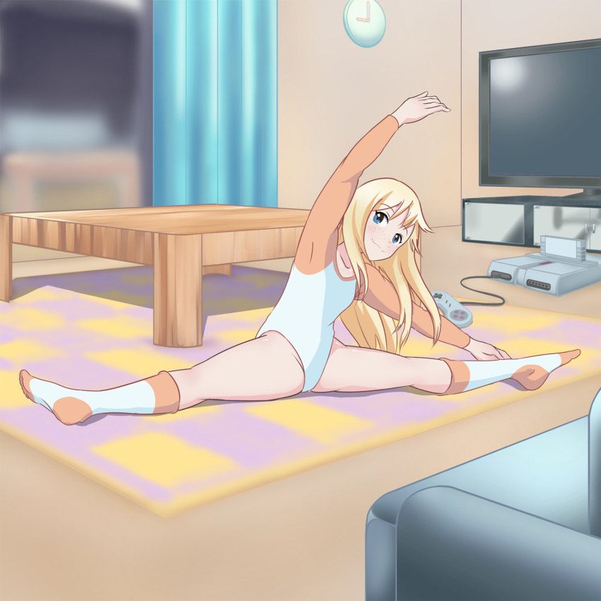 1girl analog_clock arm_up bangs blonde_hair blue_eyes blurry clock controller couch curtains depth_of_field exercise flexible freckles full_body game_console game_controller gamepad highres indoors leotard long_hair long_sleeves looking_at_viewer no_shoes on_floor original outstretched_arms raglan_sleeves rug sig_(sfried) smile socks solo split spread_legs stretch table television