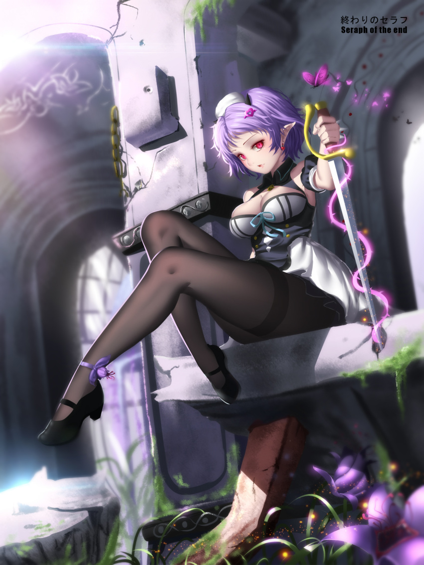 1girl ankle_ribbon bangs black_legwear black_shoes blue_ribbon breasts broken building butterfly chess_belle cleavage detached_sleeves dress earrings fang full_body grass hair_ornament hairclip headdress heart heart_earrings highres hk_(hk) holding_sword holding_weapon horns jewelry lock magic owari_no_seraph padlock pantyhose pointy_ears purple_flower purple_hair red_eyes ribbon shadow shoes short_hair sitting solo sword thorns vampire weapon