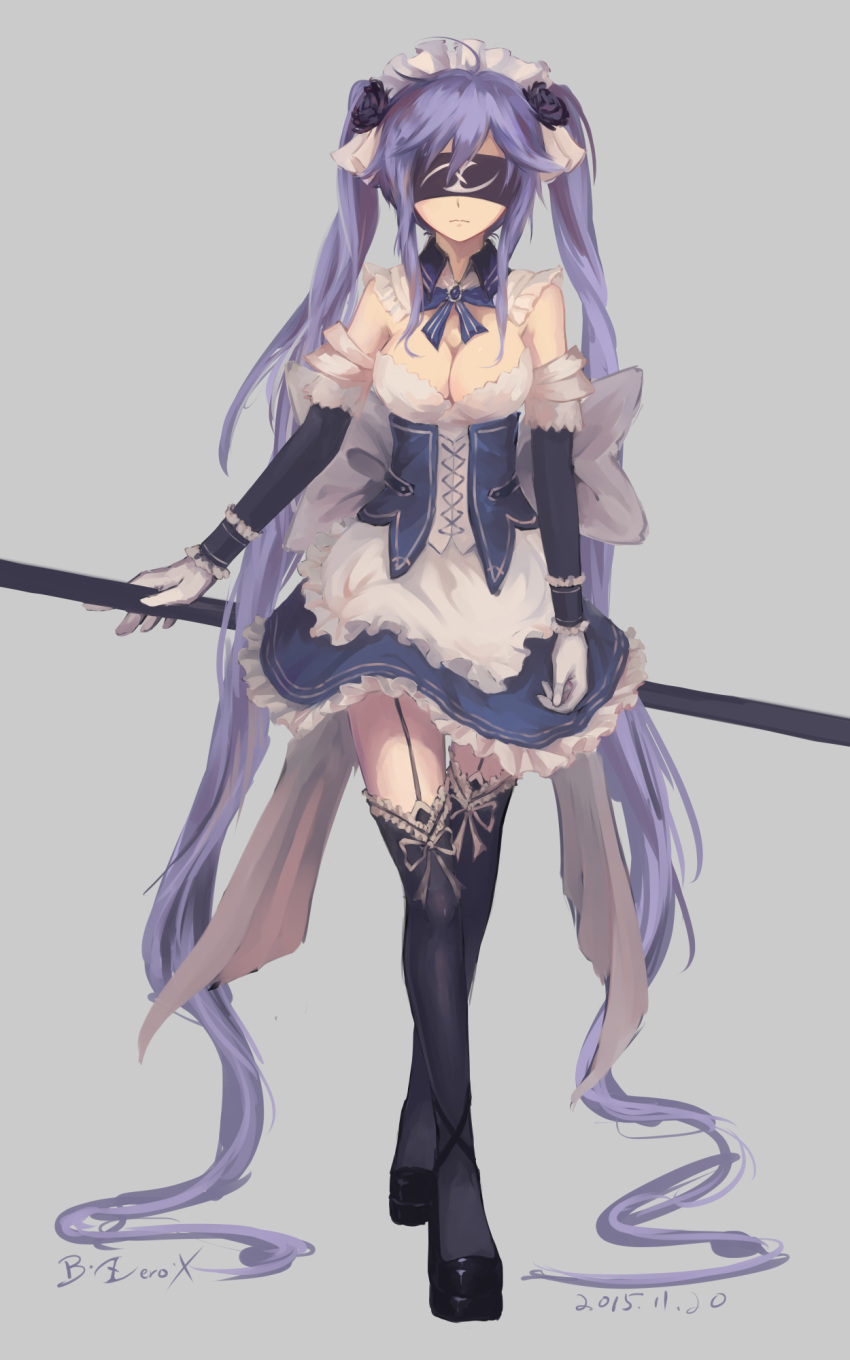 1girl absurdly_long_hair black_legwear blindfold blue_hair breasts bzerox cleavage full_body garter_straps gloves grey_background highres long_hair maid maid_headdress original polearm simple_background solo thigh-highs twintails very_long_hair weapon white_gloves