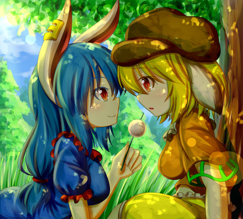 2girls absurdres animal_ears blonde_hair blue_hair crop_top dango dappled_sunlight dior-zi ear_clip eye_contact food grass hat head_to_head highres long_hair looking_at_another low-tied_long_hair multiple_girls rabbit_ears red_eyes ringo_(touhou) seiran_(touhou) sitting sky smile tears touhou under_tree wagashi