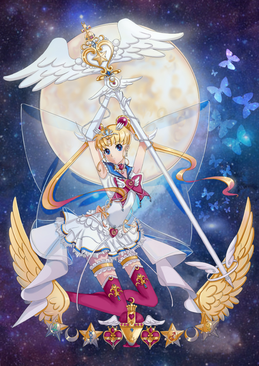 1girl absurdres adapted_costume arms_up bishoujo_senshi_sailor_moon blonde_hair blue_eyes boots bow brooch butterfly choker crescent crescent_earrings double_bun earrings elbow_gloves embellished_costume expressionless facial_mark forehead_mark frills full_moon gem gloves gradient_hair hair_ornament hairpin highres jewelry jupiter_symbol kneeling kura_(kurapicaking) leg_garter long_hair looking_at_viewer magical_girl mars_symbol mercury_symbol moon multicolored_hair pleated_skirt red_boots red_bow redhead sailor_collar sailor_moon see-through seihai_(sailor_moon) skirt solo staff super_sailor_moon thigh-highs thigh_boots tsukino_usagi twintails venus_symbol white_gloves white_skirt wings yellow_bow