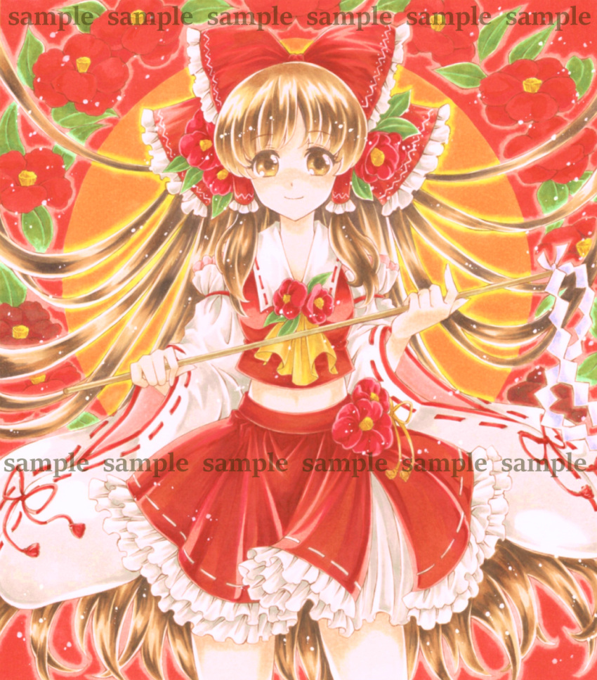 1girl ascot bow breasts brown_eyes brown_hair camellia_(flower) cowboy_shot detached_sleeves floating_hair flower frilled_bow frilled_skirt frills gohei hair_bow hair_flower hair_ornament hair_tubes hakurei_reimu highres light_particles long_hair looking_at_viewer midriff red_background red_skirt ribbon-trimmed_collar ribbon-trimmed_skirt ribbon-trimmed_sleeves ribbon_trim sample shiny shiny_hair skirt sleeveless smile solo sun touhou traditional_media very_long_hair w0ru wide_sleeves